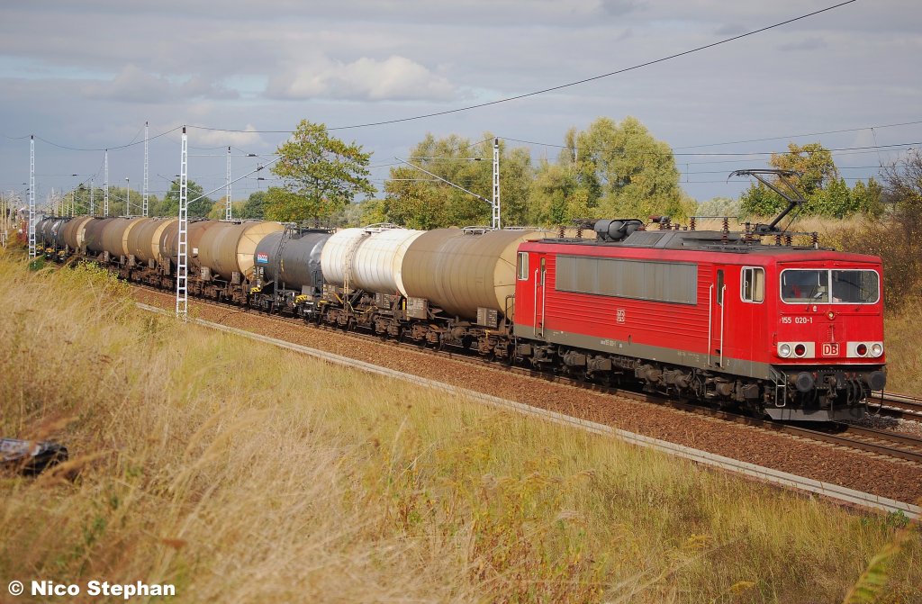 155 020-1 war mit FZ 83081 (Wittenberge - Seddin) unterwegs,B� 72 bei Priort (25.09.09)