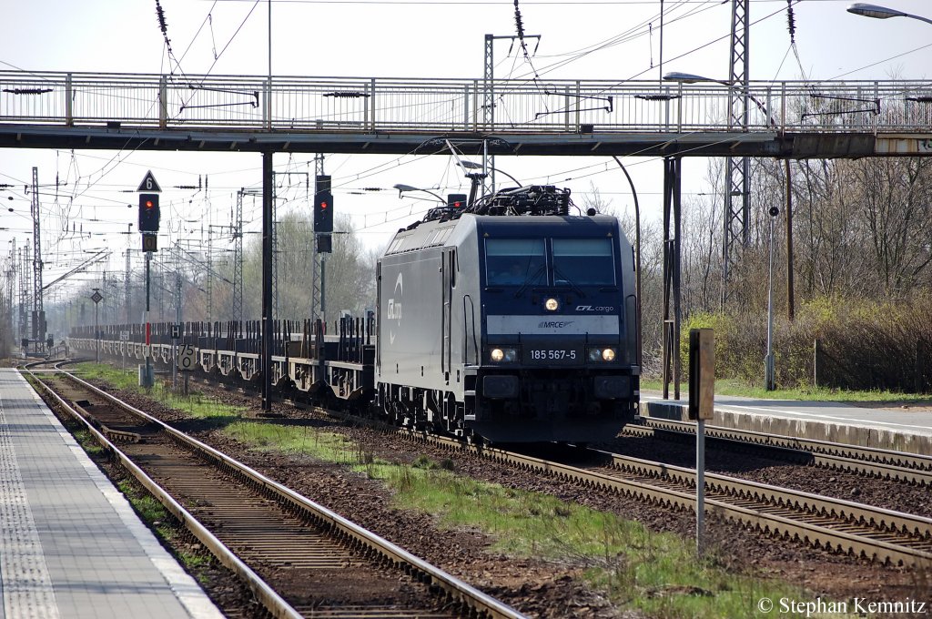 185 567-5 MRCE im Dienst f�r die CFL Cargo mit einem Smms Ganzzug von der PKP-Cargo in Priort in Richtung Hennigsdorf unterwegs. 05.04.2011