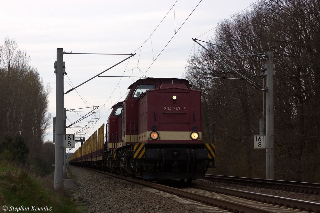 204 347-9 (202 347-1) & 204 354-5 (202 354-7) MTEG - Muldental Eisenbahnverkehrsgesellschaft mbH mit leeren Holzzug bei Nennhausen und fuhren in Richtung Wustermark weiter. 15.04.2012