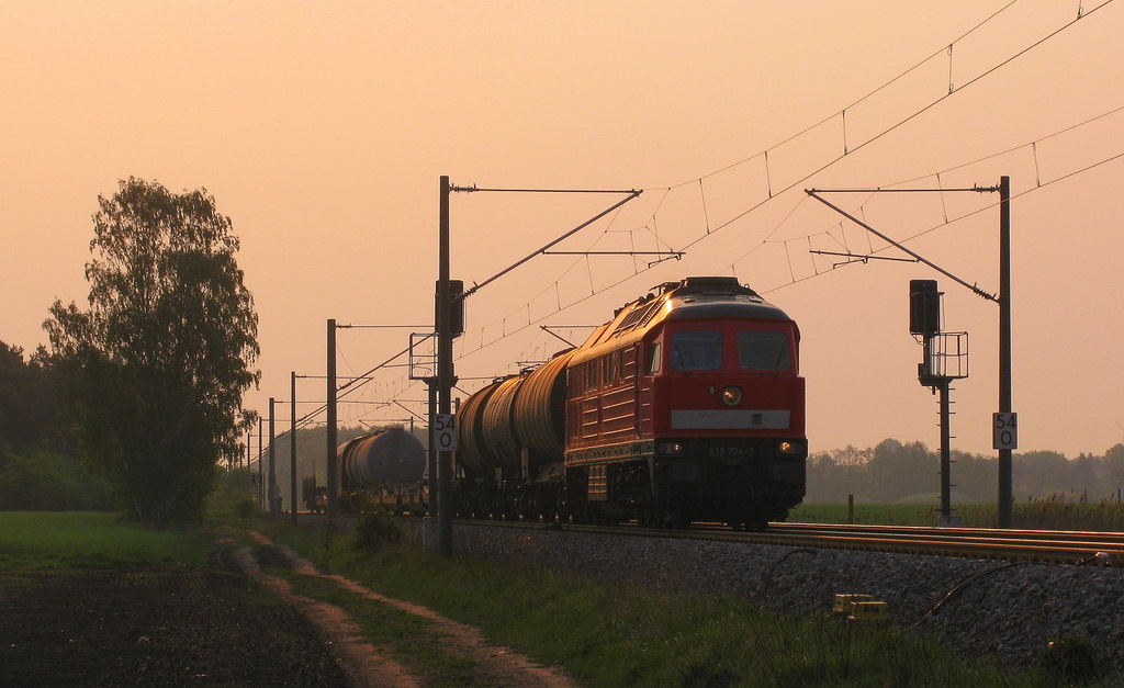 232 704-7, die uns an diesem Tag noch �fter begegnete fuhr mit einem kurzem gemischten G�terzug Richtung Brandenburg an uns vorbei. 29.04.2011