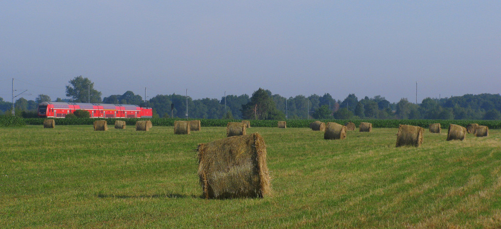 Dann gab es einen Standortwechsel am 01.07. N�chster Halt war ein B� in der N�he von Gr�fendorf, mich verschlug es an die Stra�e in der N�he um mal das l�ndliche Panorama einzufangen (irgendwie mag ich das ... ich komme zwar  vom Dorf , aber doch zu nah an Berlin f�r sowas). So kam um 7:45 Uhr der RE 18503 aus Stralsund nach Falkenberg(E) mit Steuerwagen voraus und + 6 im Petto.