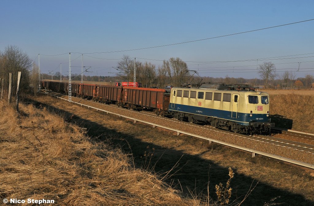 Das Tageshighlight in Form der 140 423-5 mit einem Rolldachwagenganzzug nach Spreewitz,hier am B� 72 bei Priort (02.03.11)