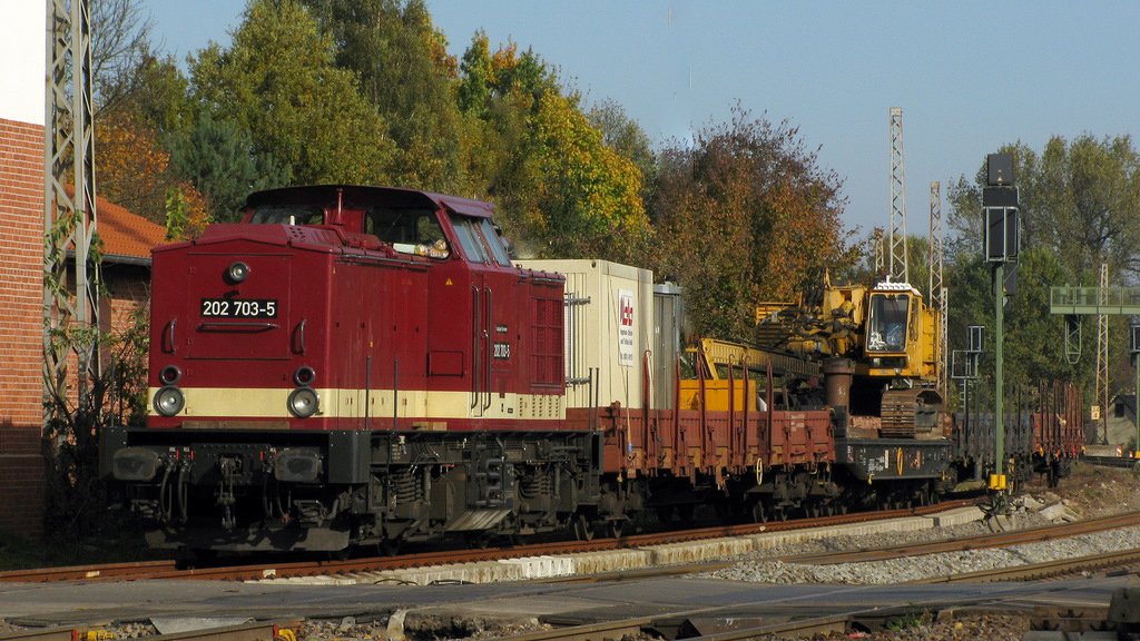 Hier sonnt sich am 23.10. die 202 703-5 der LEG mit ihrer Dieselschlagramme zum einbringen der H�lsen f�r die neuen OL-Masten. Hier sieht man auch, dass die gro�en Drahtmasten in Bestensee stehen bleiben, da vermutlich Neuanschaffungen sehr teuer werden w�rden.