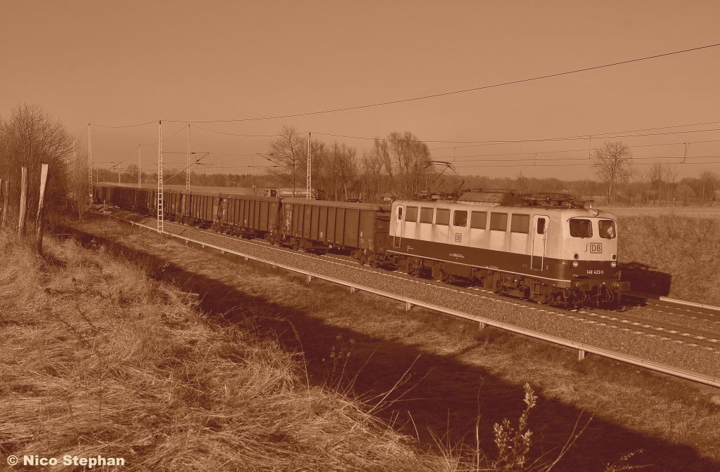 In Sepia - Das Tageshighlight in Form der 140 423-5 mit einem Rolldachwagenganzzug nach Spreewitz,hier am B� 72 bei Priort (02.03.11)
