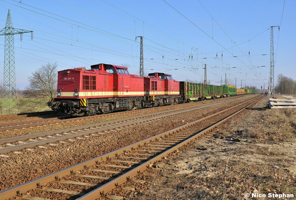 MTEG 204 347-9 + 204 354-5 mit einem langen Holzzug,auf dem Weg nach Stendal,brummen hier gerade durch Saarmund (09.02.11)
