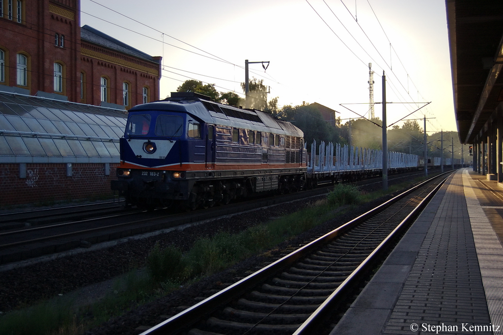 Raildox Ludmilla 232 102-3 mit leeren Holzzug in Rathenow in Richtung Stendal unterwegs. 29.06.2011