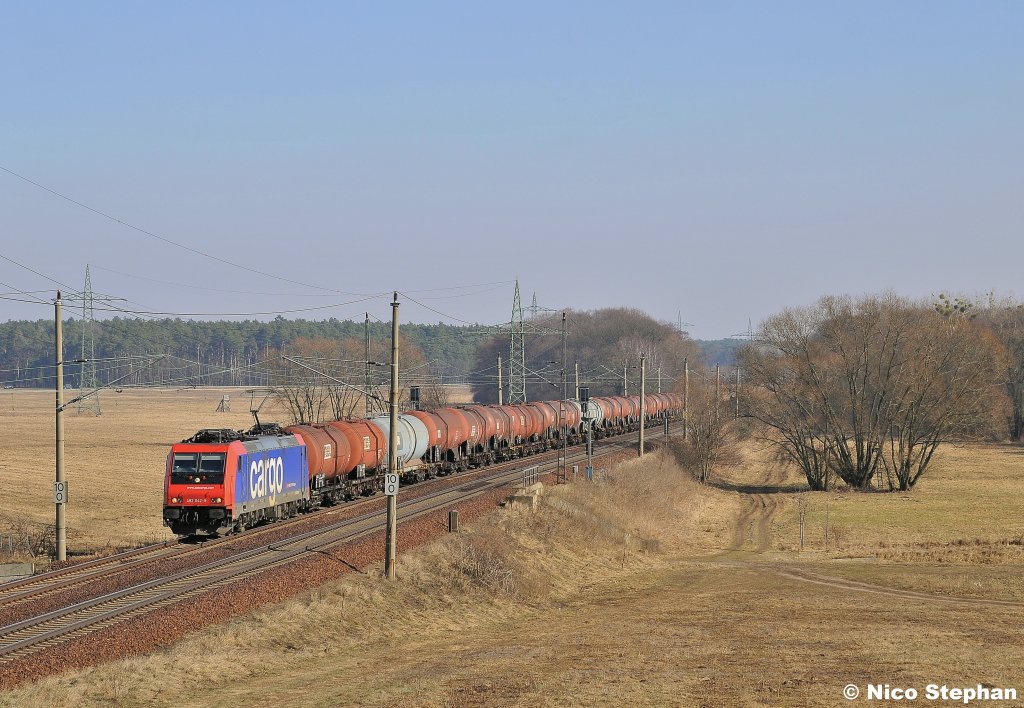 Re482 042-9 von SBB-Cargo mit einer Fuhre aus gr��tenteils braunen Kesselwagen rollt an Nudow vorbei (03.03.11)