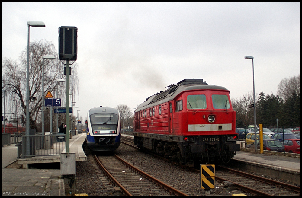 VT 565 und 232 379-8 eintr�chtig nebeneinander im Hauptbahnhof Brandenburg. Interessant die Gr��enunterschiede (gesehen Brandenburg Hbf 19.02.2011)