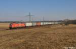 145 021-2 rollt mit einem Containerzug durch die Wiesen und Felder von Nudow (26.02.11)