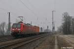 145 004-8 kam mit einem Containerzug von Gro�beeren angefahren,Saarmund (15.03.11)