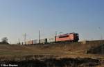 155 073-0 hatte einen Containerzug f�r Polen am Haken,als sie bei Nudow durch die Felder rollte (26.02.11)
