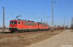 155 150-6 & 155 140-7 waren mit einem gemischten Zug nach Seddin unterwegs,Saarmund (08.03.11)