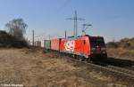 Der bunten 85er folgend Bombardiers 399ste mit einem weiteren Containerzug,hier zwischen den Fotoh�geln von Nudow (03.03.11)