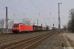 185 377-9 durchf�hrt mit ihrem Mischer den Bahnhof von Saarmund nach Seddin (12.03.11)