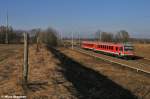 Mittlerweile auch ein seltener Gast bei uns,628 350-1 auf der Fahrt nach Freiberg/Sachsen,hier am B� 72 bei Priort (02.03.11)